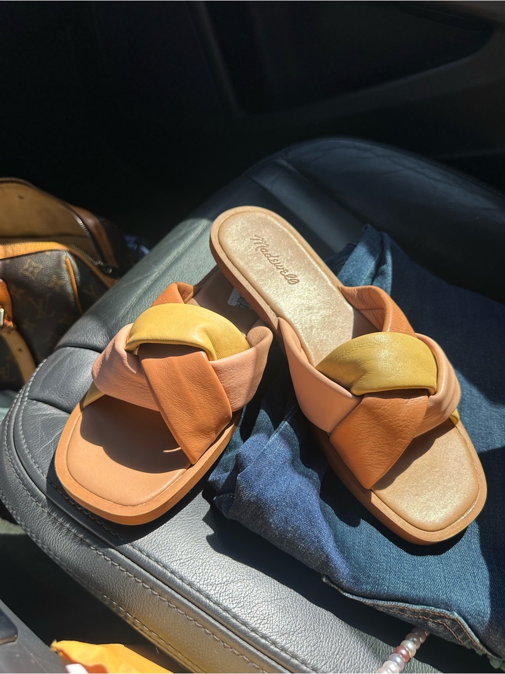 Madewell Braided Slide Sandals in Tan and Mustard